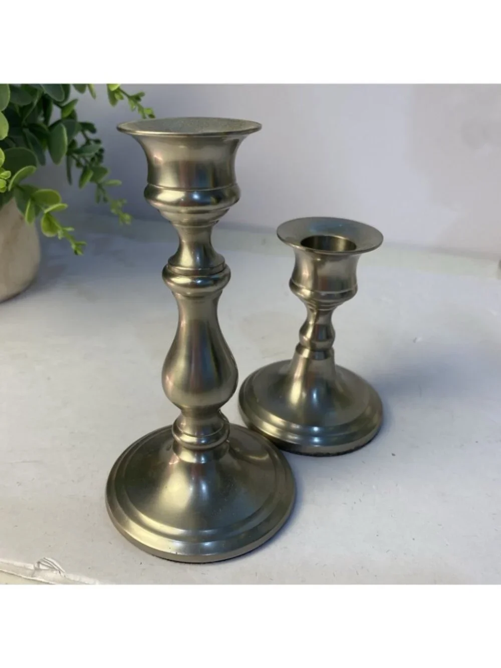 Vintage Weighted Pewter Candlestick Mixed Height Candle Holders Set of 2
